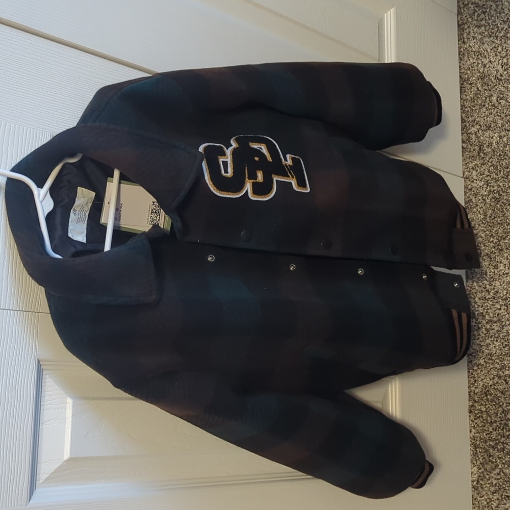 H&M Letterman jacket, 9/10y, green/brown